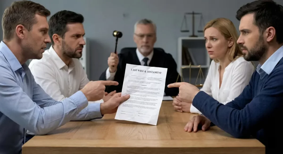 Four siblings arguing aggressively over a diy last will and testament document in front of a judge, representing the legal disputes and family conflicts caused by invalid wills in malaysia.