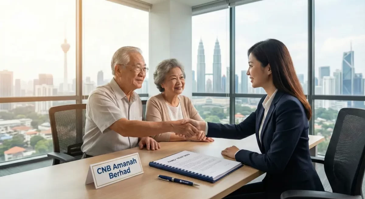 An elderly couple smiling and shaking hands with a professional estate planner at a desk with a cnb amanah berhad nameplate and a family trust deed, with the kuala lumpur skyline in the background.