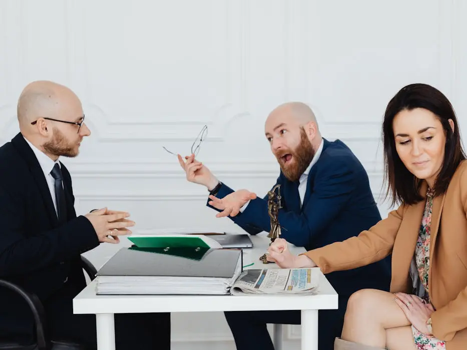 A frustrated business partner arguing with an heir during a legal mediation over joint property ownership, with a scale of justice on the table.