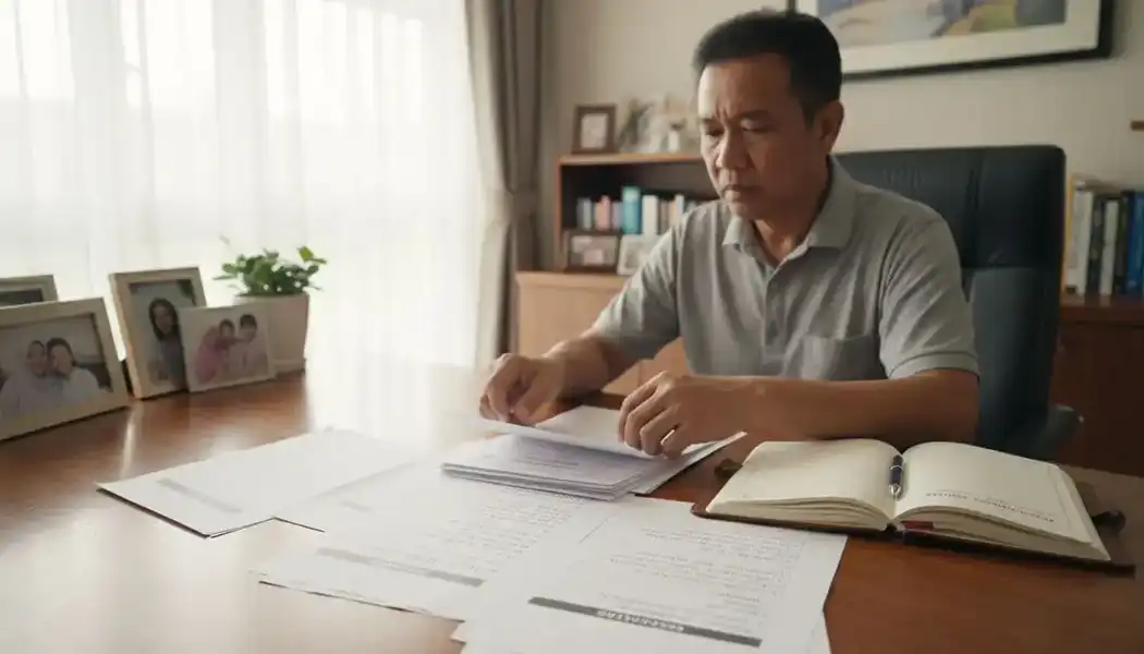 A focused man sitting at his home office desk rapidly sorting through important legal documents and asset records, with family photos in the background.