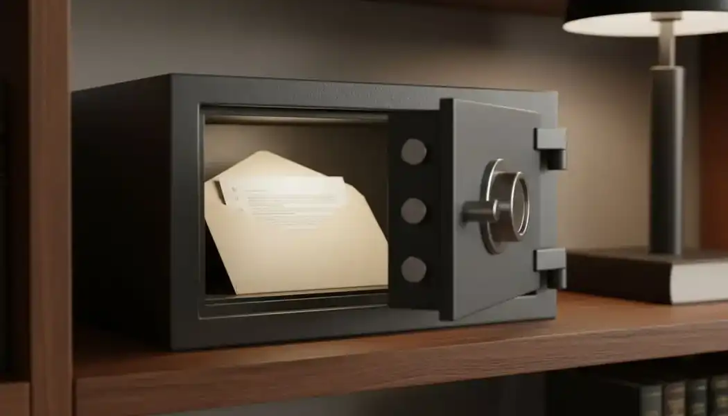 An open metal safe sitting on a wooden shelf, containing a brown envelope with an important legal document inside.
