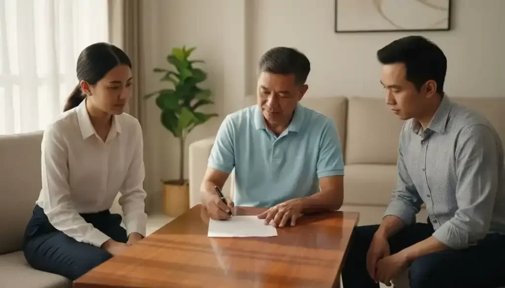 A middle-aged malaysian man signing an urgent will document at a table while two independent witnesses observe the process.