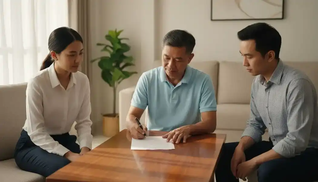 A middle-aged malaysian man signing an urgent will document at a table while two independent witnesses observe the process.