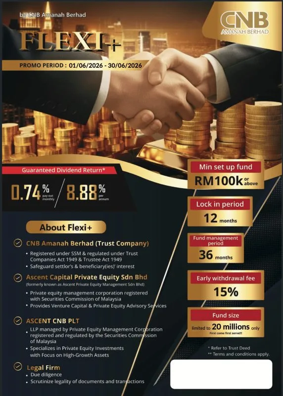 CNB Amanah Flexi+ campaign leaflet showing promotion period, dividend return, minimum setup fund, lock-in period and fund details.