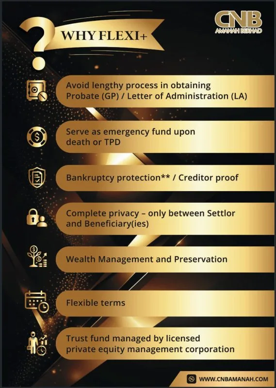 CNB Amanah Flexi+ benefits leaflet explaining probate avoidance, emergency fund use, privacy, wealth preservation and flexible terms.