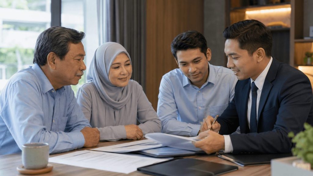 Malaysian family reviewing trust-planning documents with a professional advisor