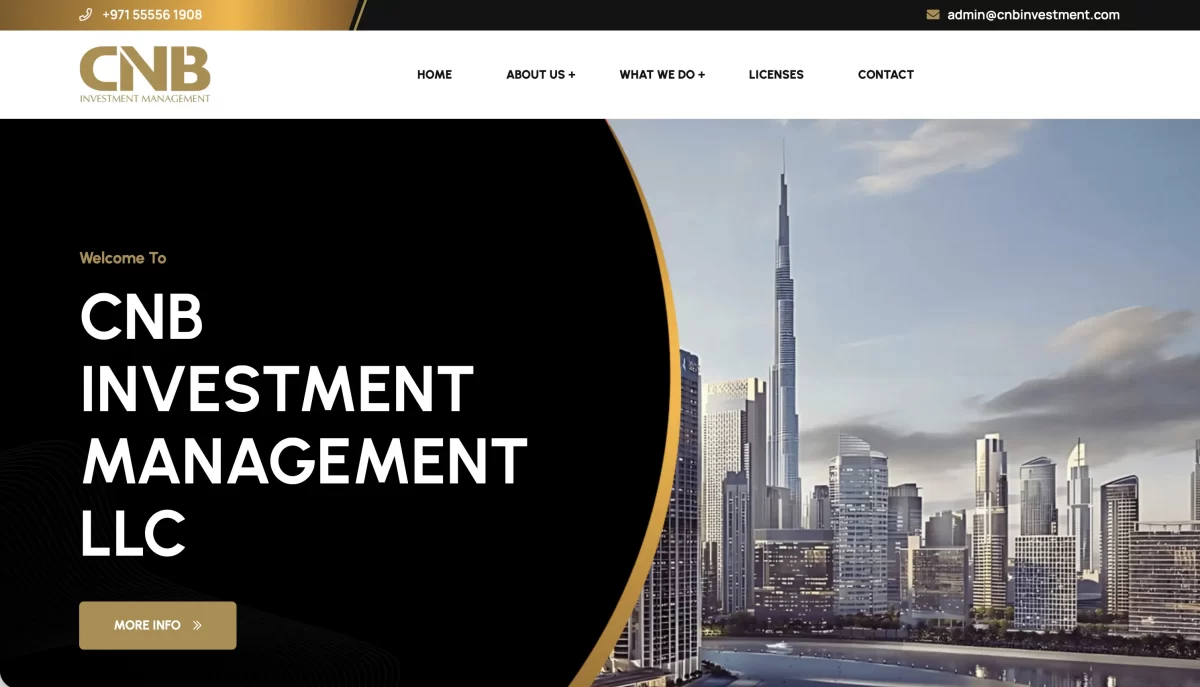 CNB Investment Management LLC Dubai investment management firm homepage with Dubai skyline and professional investment branding.