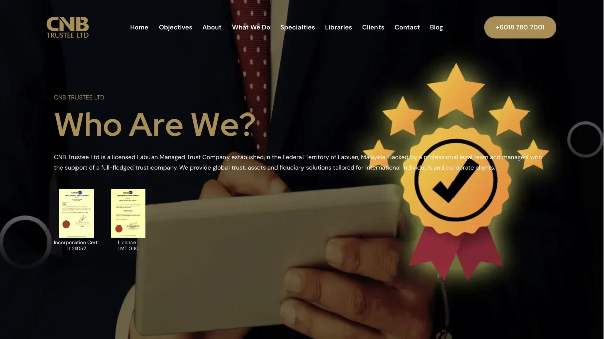 CNB Trustee Ltd homepage showing licensed Labuan managed trust company credentials and professional trustee services.