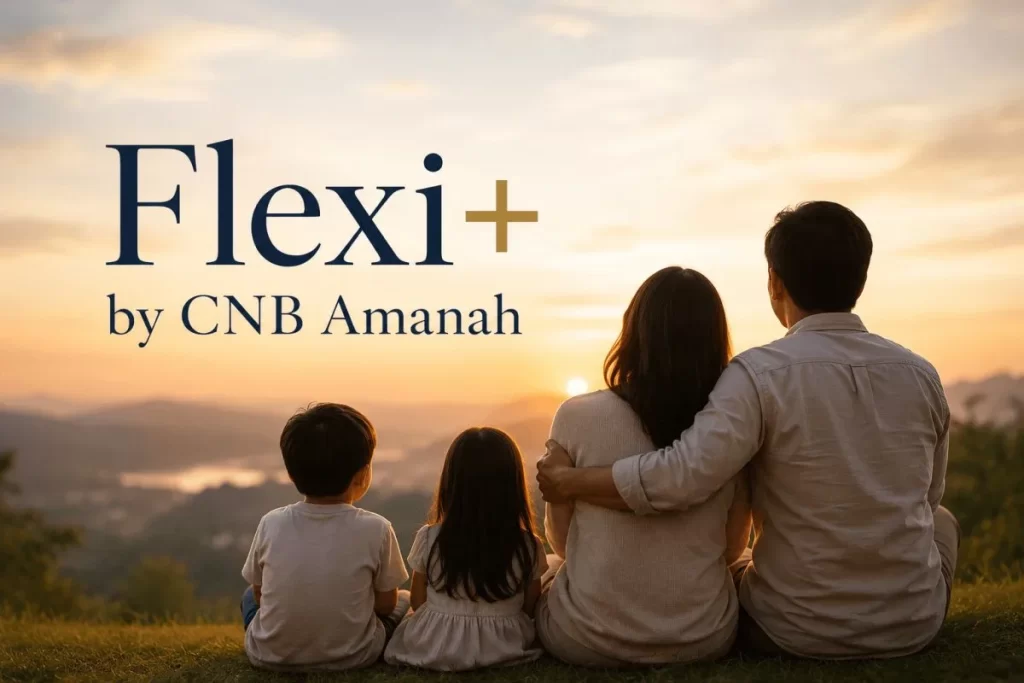 Family looking at the sunset with Flexi+ by CNB Amanah text, representing wealth planning, legacy protection and family financial security.