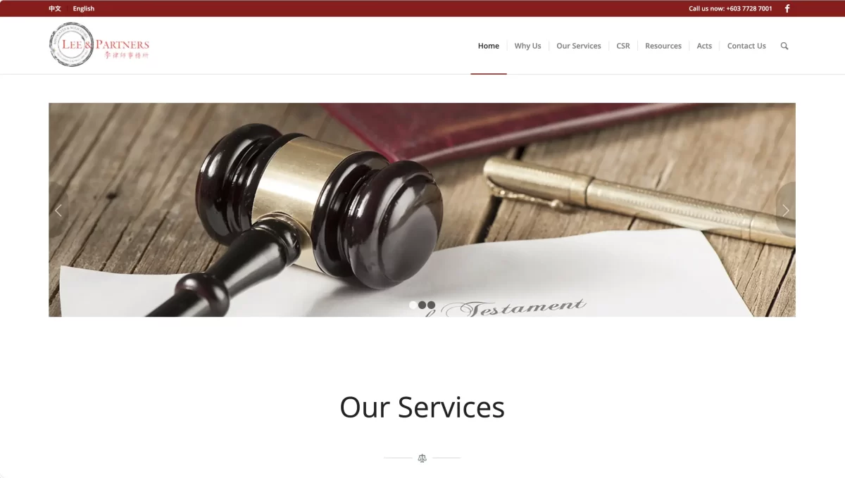 Lee & Partners Malaysia law firm homepage showing will, probate and estate administration legal services.