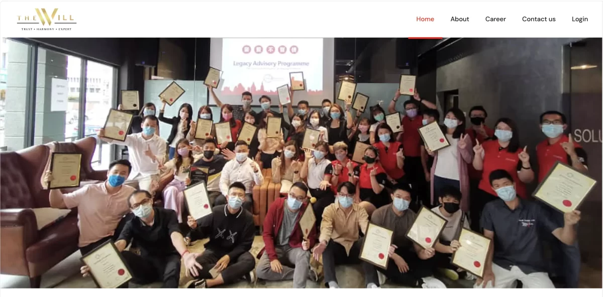 THEWILL Malaysia legacy advisory programme group photo with advisors holding certificates after professional training.