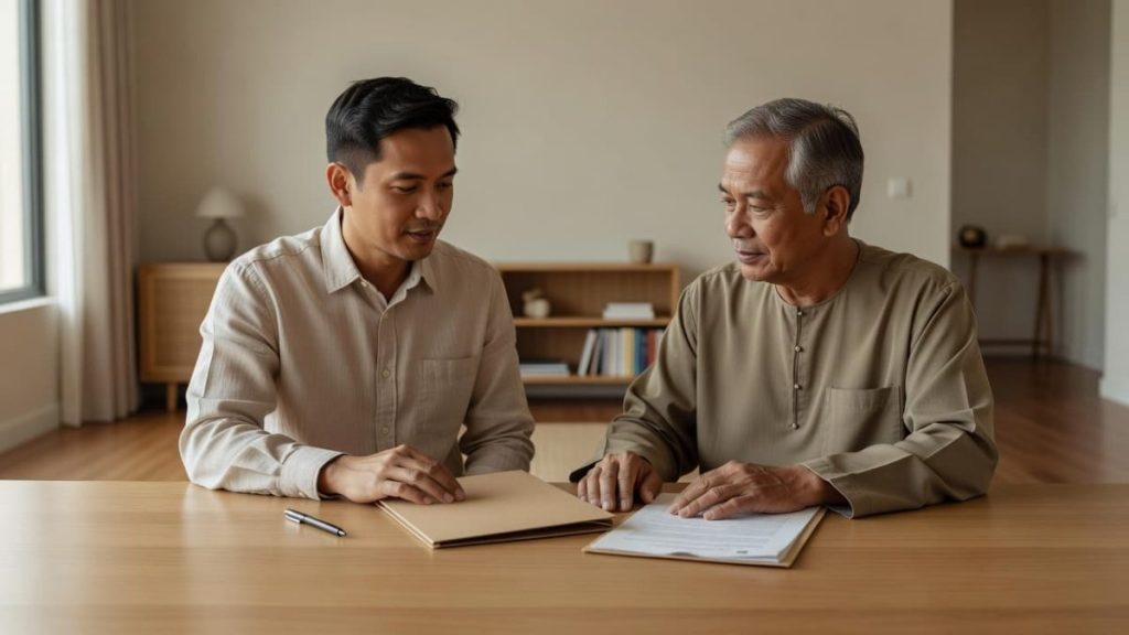 Two men sit at a wooden table reviewing papers, with one signing as the other points to a document.