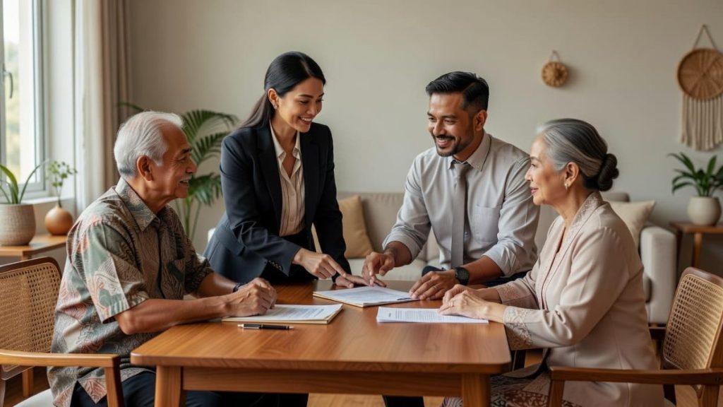Professional woman in a blazer reviews documents with an elderly couple at a wooden table in a bright living room.