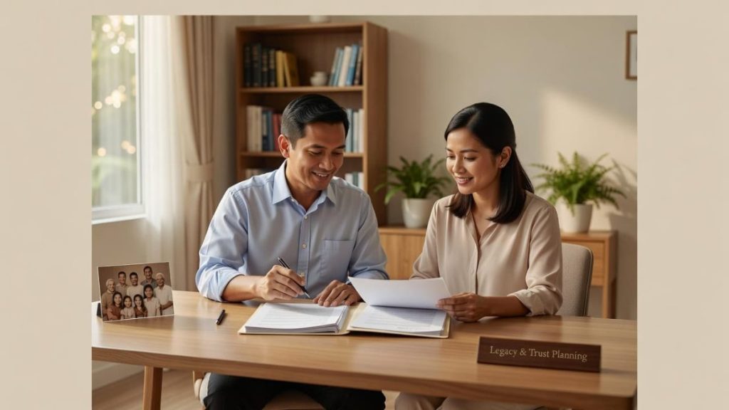 Couple reviewing estate planning documents at a desk, smiling, with a sign that reads 'legacy & trust planning' on the desk.