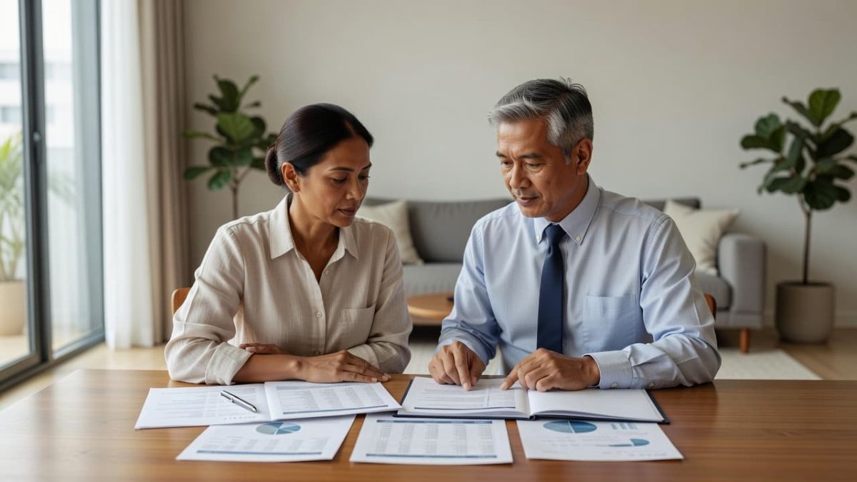A parent and a professional advisor sit across from each other at a light-toned wooden table in a sunlit living room. They review various printed documents spread out between them thoughtfully.