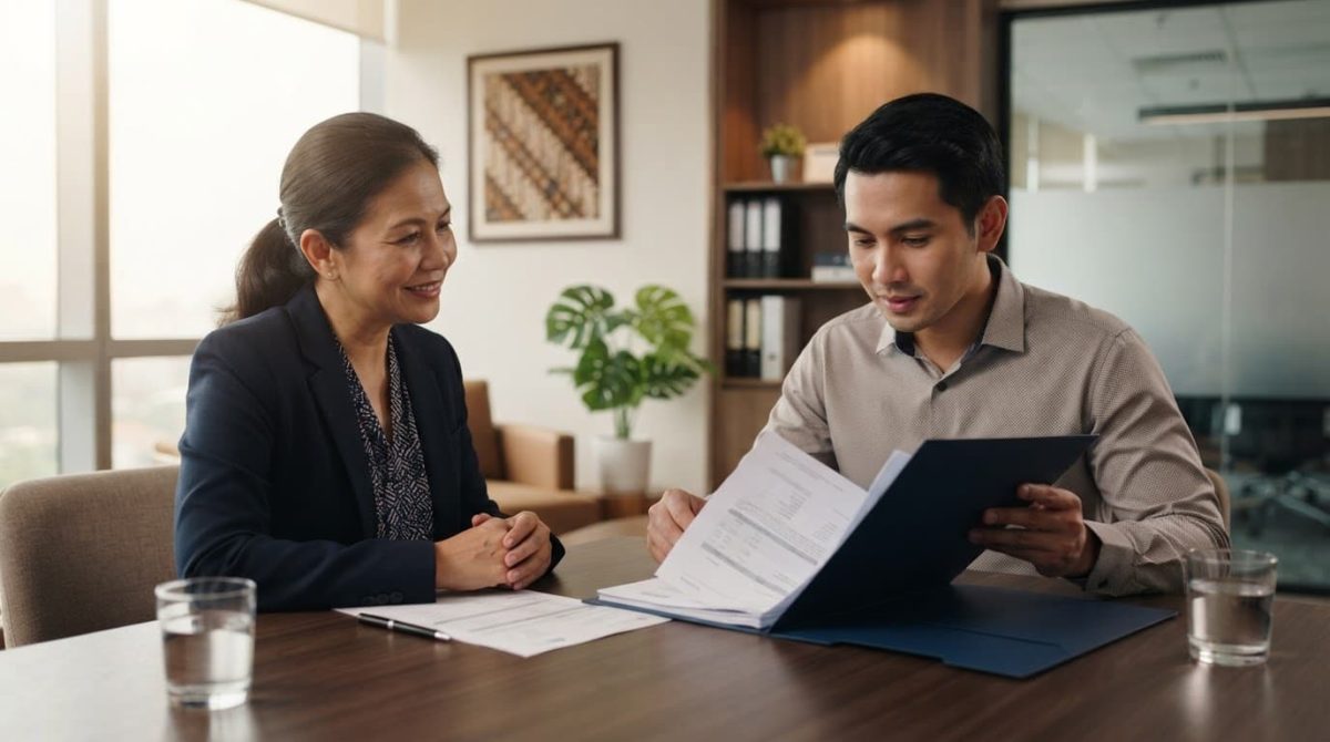 An adviser listens while a client reviews loan papers in a bright office.