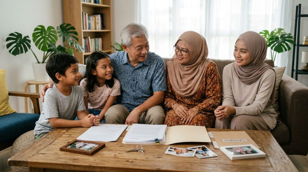 A multigenerational family sits on a living room couch, smiling, with papers and photos spread on a wooden coffee table in front of them.