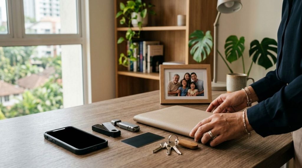 Digital asset devices, house keys, a folder, and family photo arranged on a home office desk.