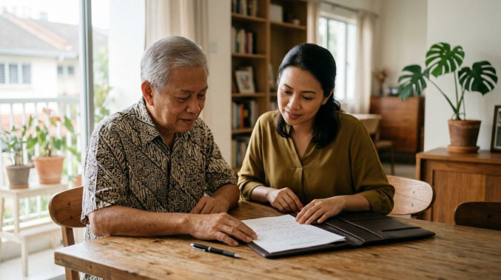 A daughter and elderly father review loan papers at a dining table.