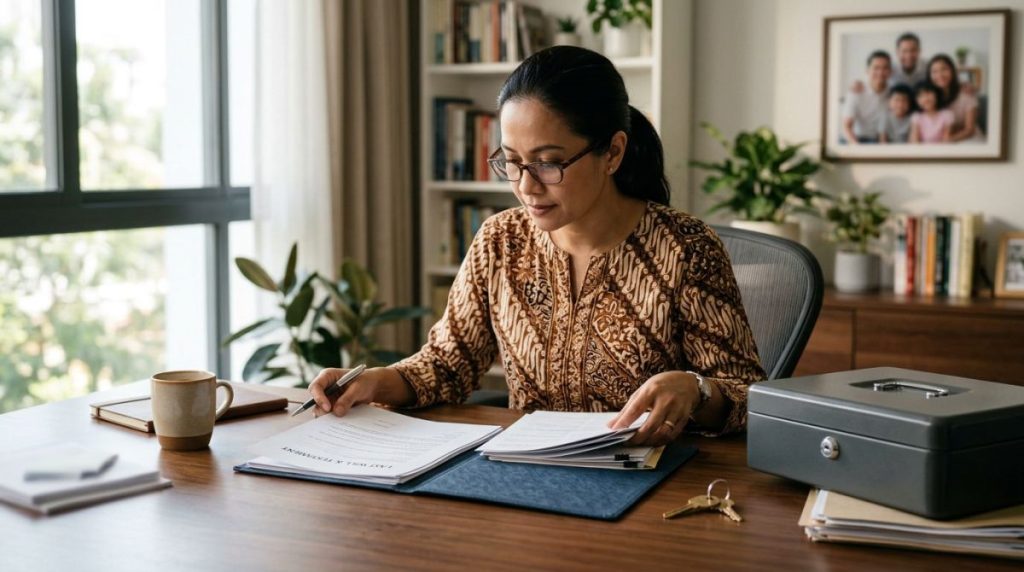 Executor reviewing a will folder and estate records at a home office desk.