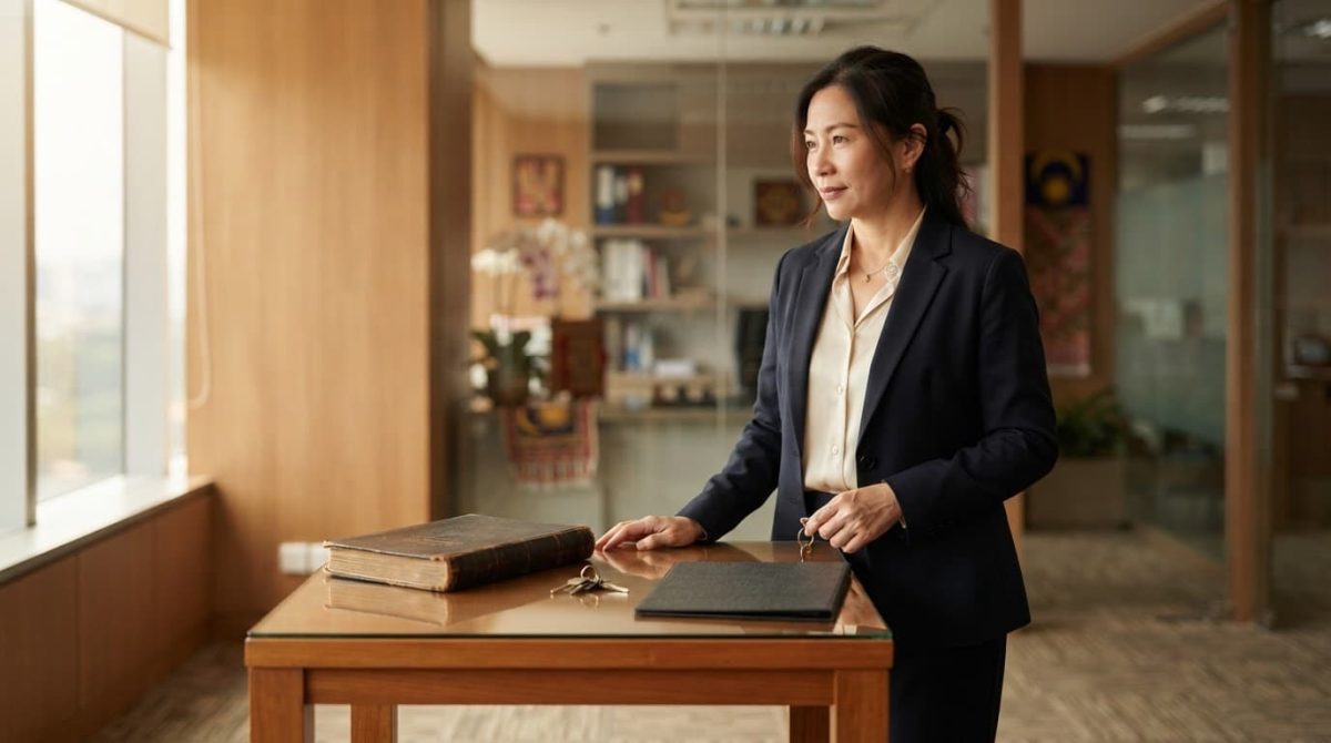 A Malaysian business owner stands beside a table with a ledger, keys, and folder.