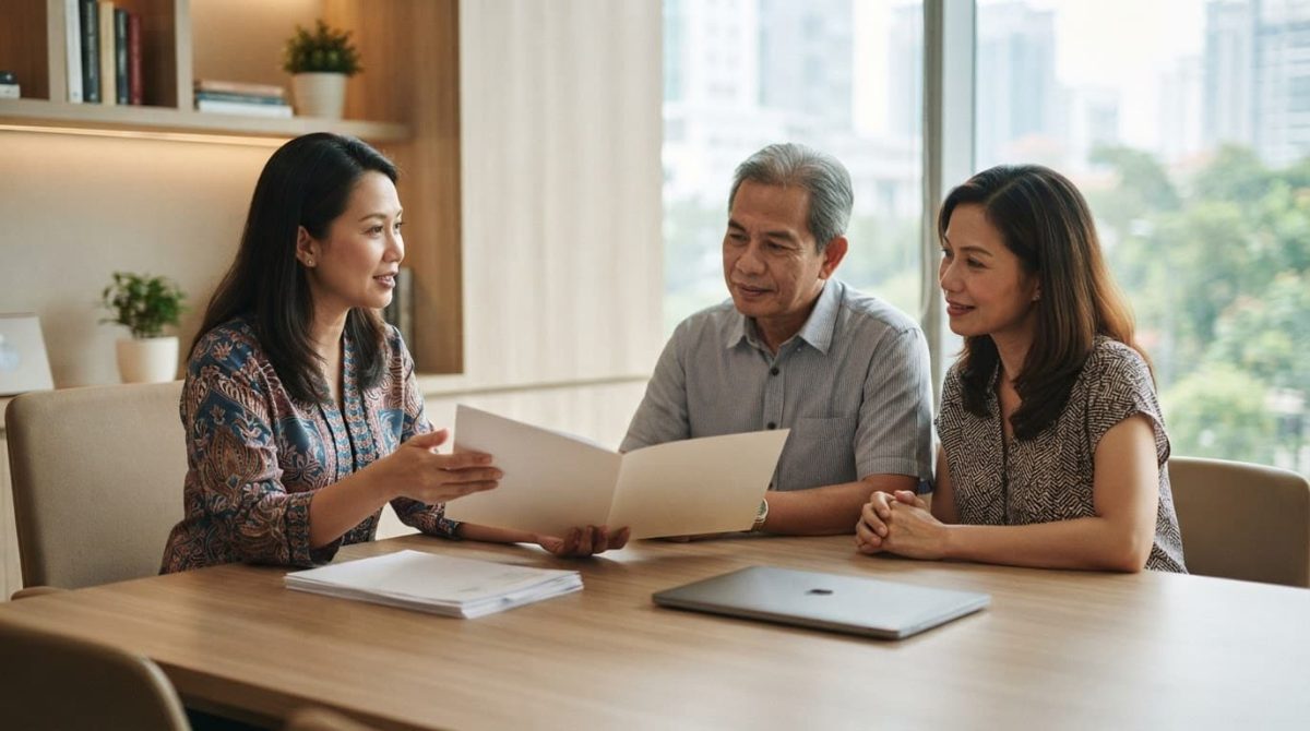 An adviser discusses estate planning with a couple around a table.