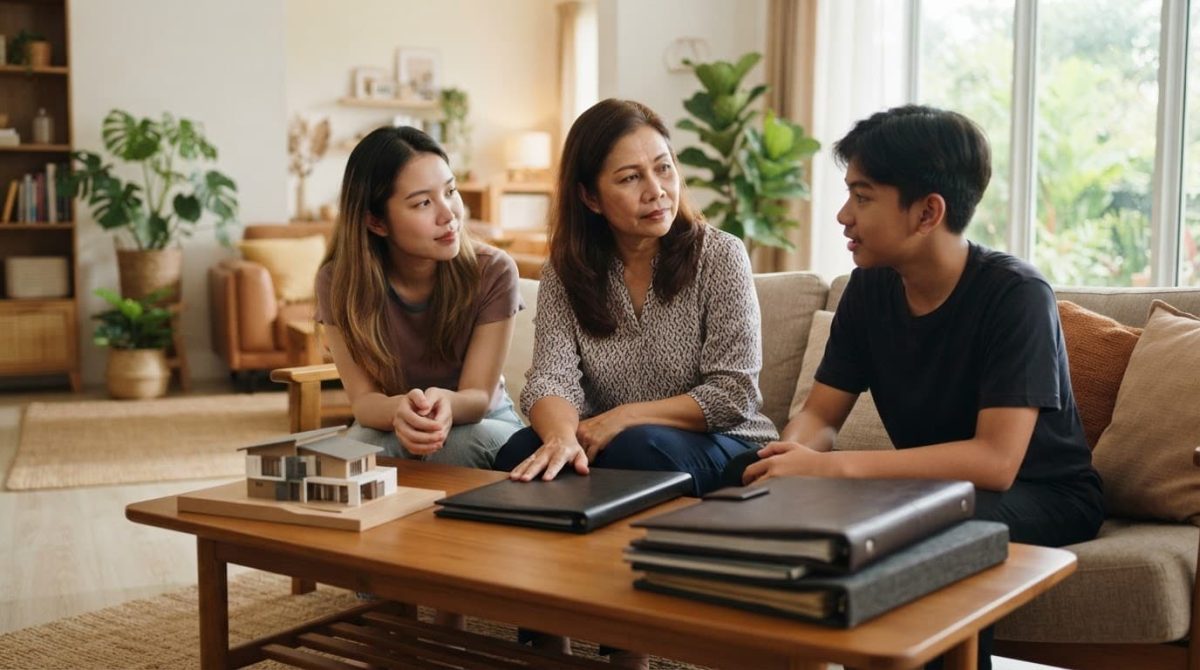A Malaysian parent and two children discuss family documents beside a home model.