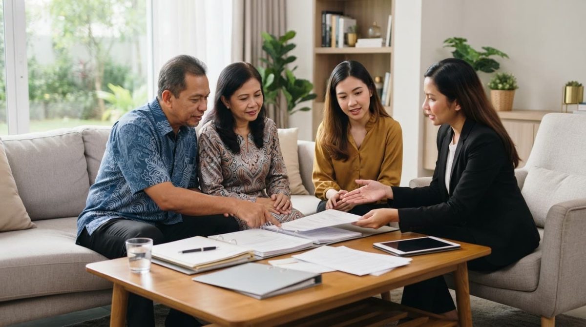 A Malaysian family reviews estate plans with an advisor in a bright living room.