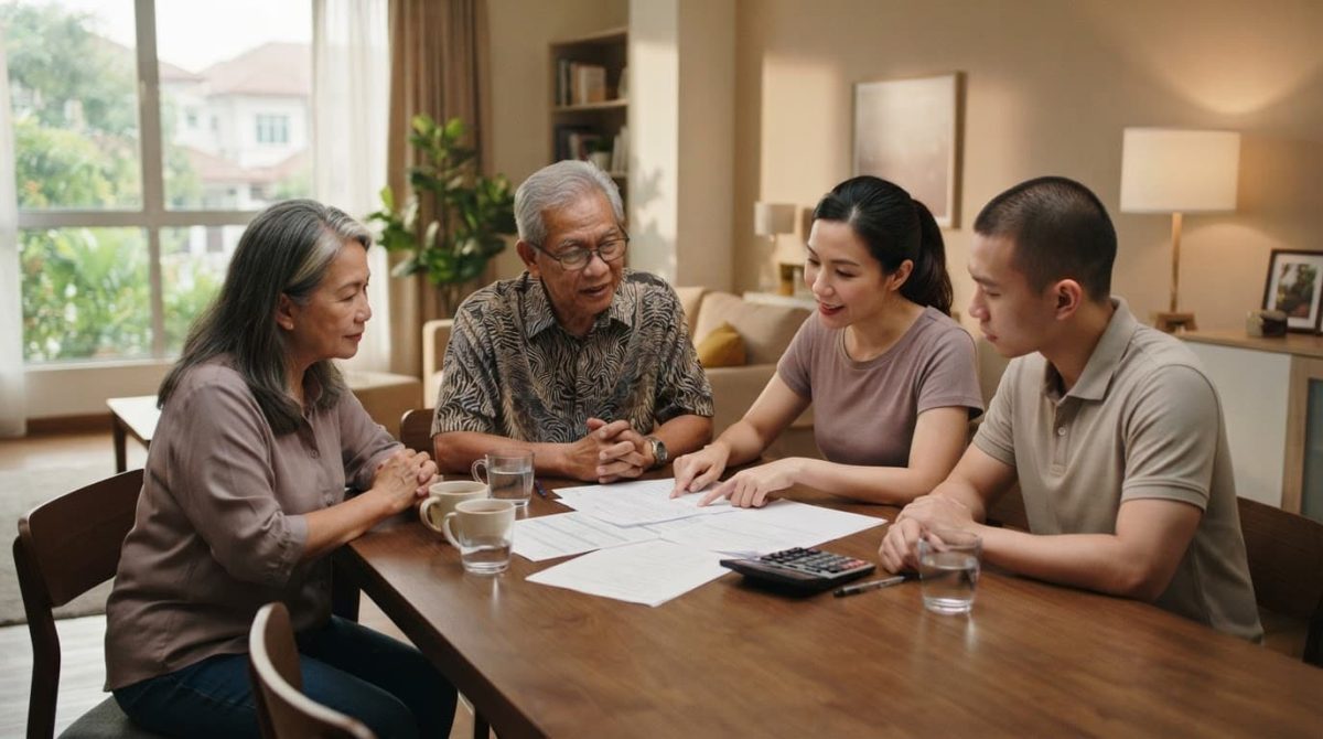 Four family members discuss papers around a dining table with a calculator nearby.