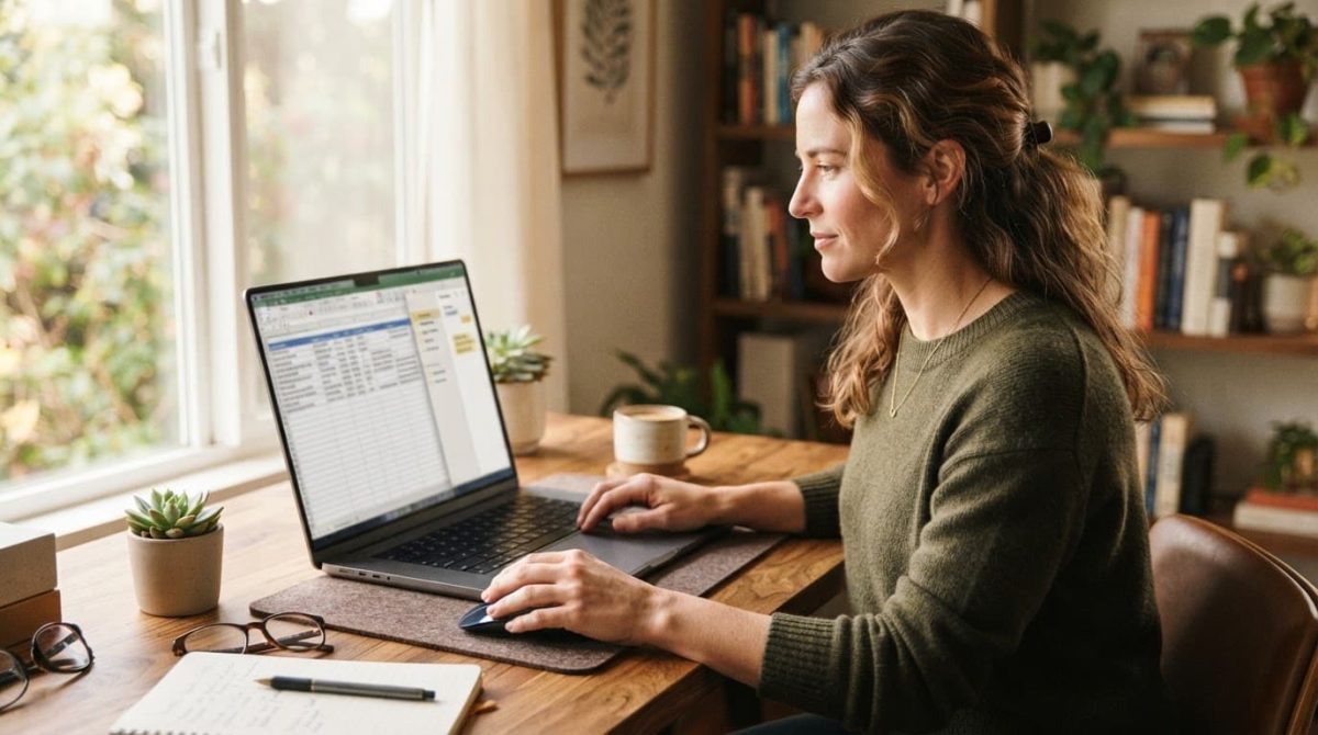 Person organizing digital records on a laptop at a wooden desk.