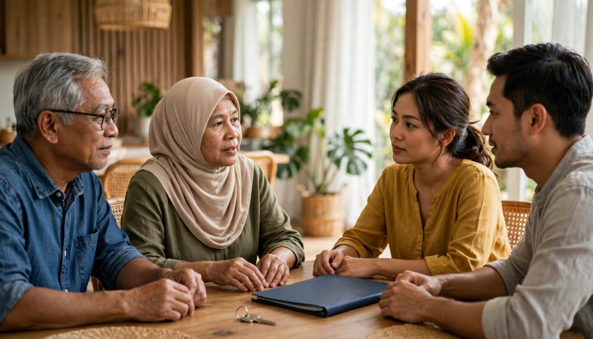 Four family members discuss plans around a table with a house key and closed folder.