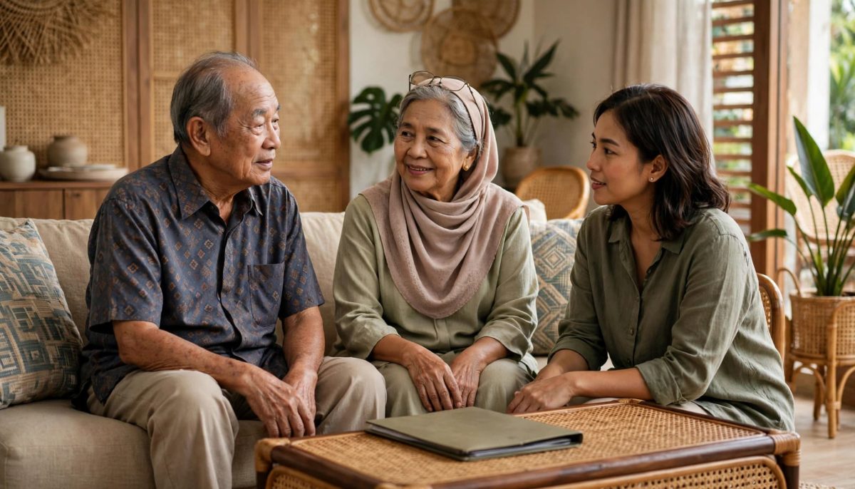 A daughter talks with her elderly parents beside a closed folder.
