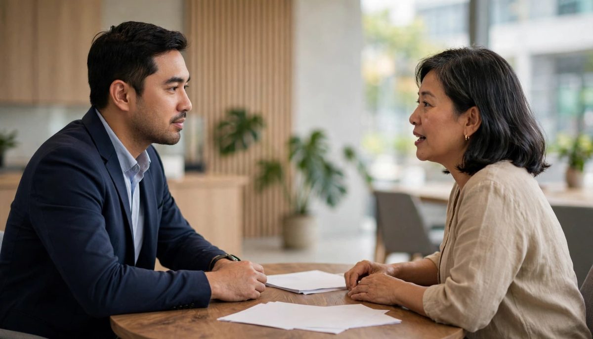A Malaysian adviser listens to a client across a table with blank documents.