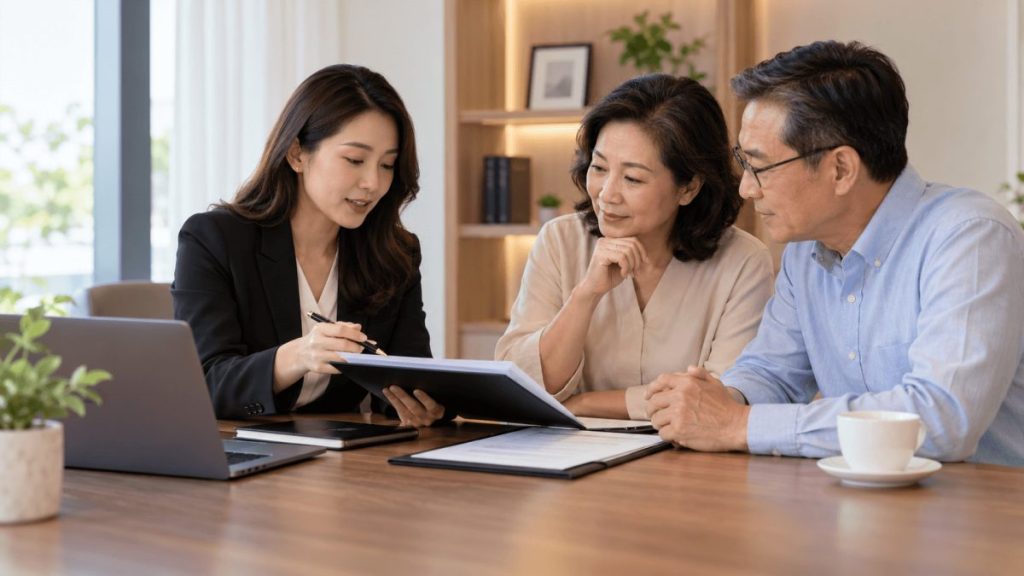 Malaysian family discussing beneficiary rights and trust administration with a professional advisor