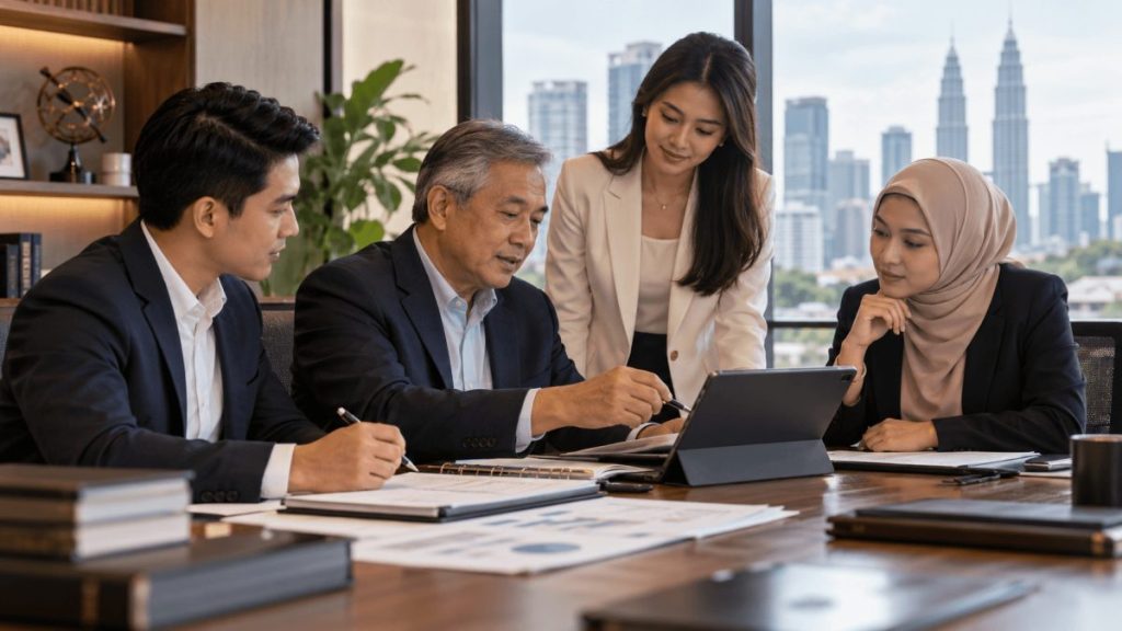 Malaysian family business discussing succession planning and legacy arrangements with the next generation in a professional office.