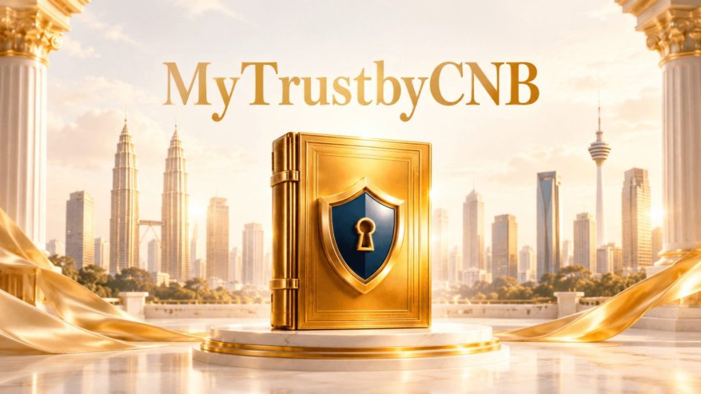 Golden book-like safe with a blue shield emblem on a pedestal, a sunlit city skyline in the background, and the text mytrustbycnb above.