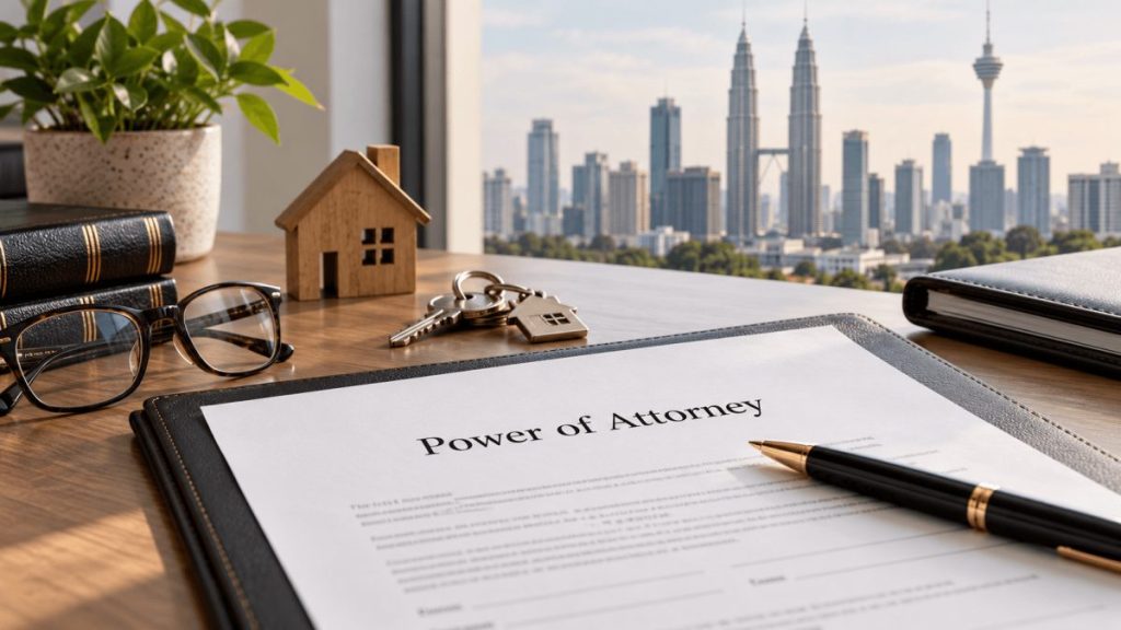 Power of attorney document on a desk with a pen, keys, a miniature house, glasses, and a city skyline in view through the window